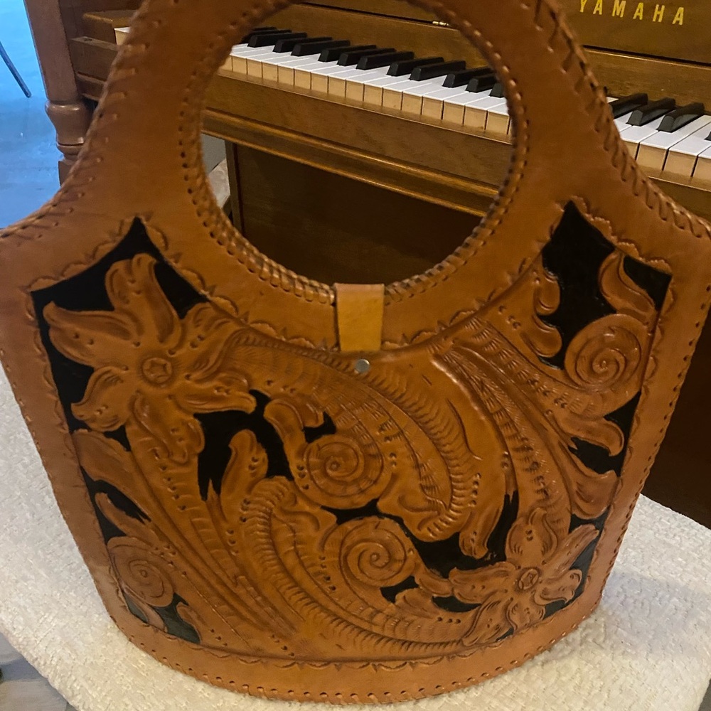 Vintage hand tooled leather bucket bag